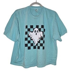 Ghost Checkered Graphic T-Shirt Aqua Blue XL Women's Cotton Tee‎